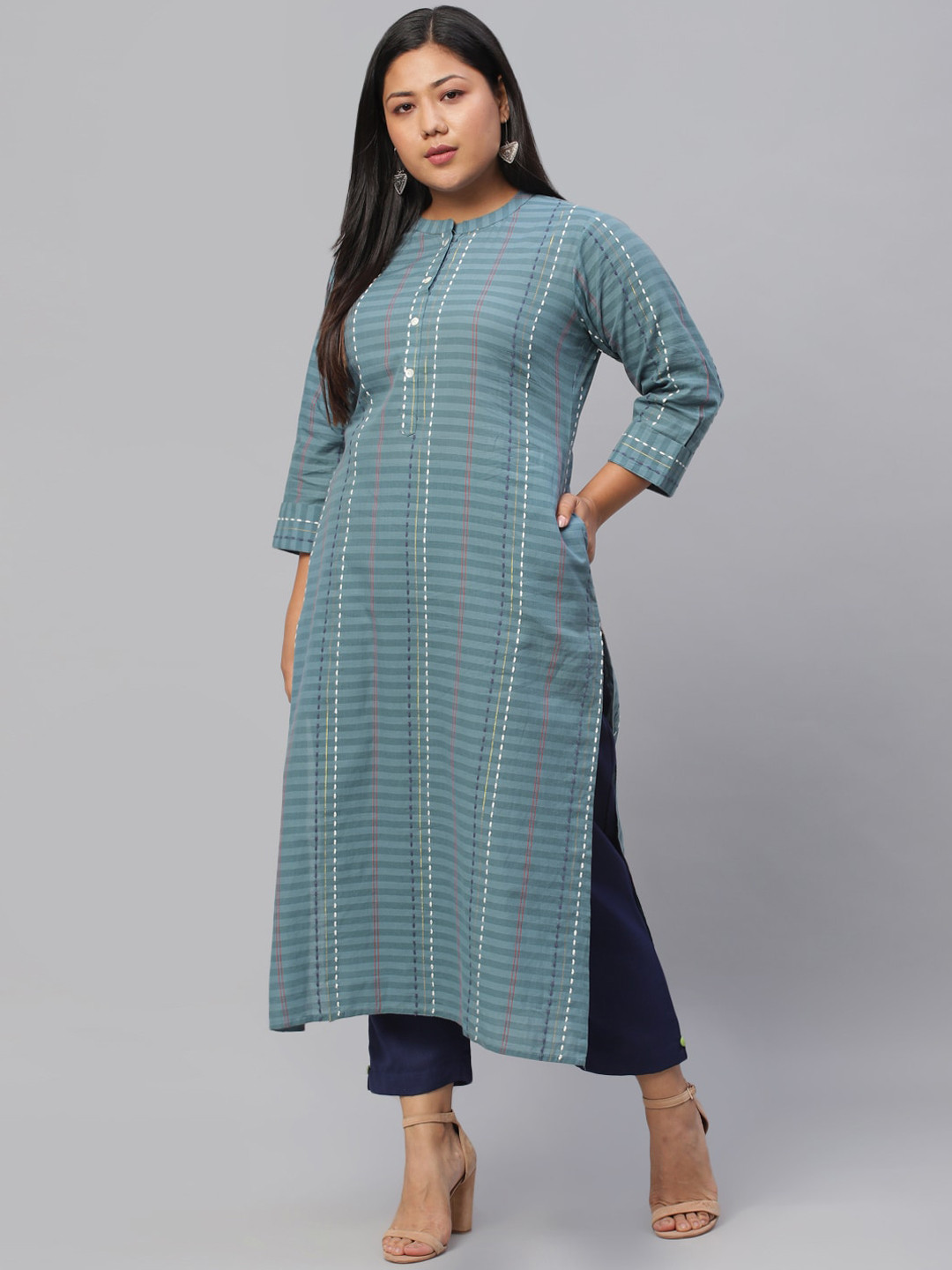 

EXTRA LOVE BY LIBAS Plus Size Women Grey Striped Kantha Work Kurta