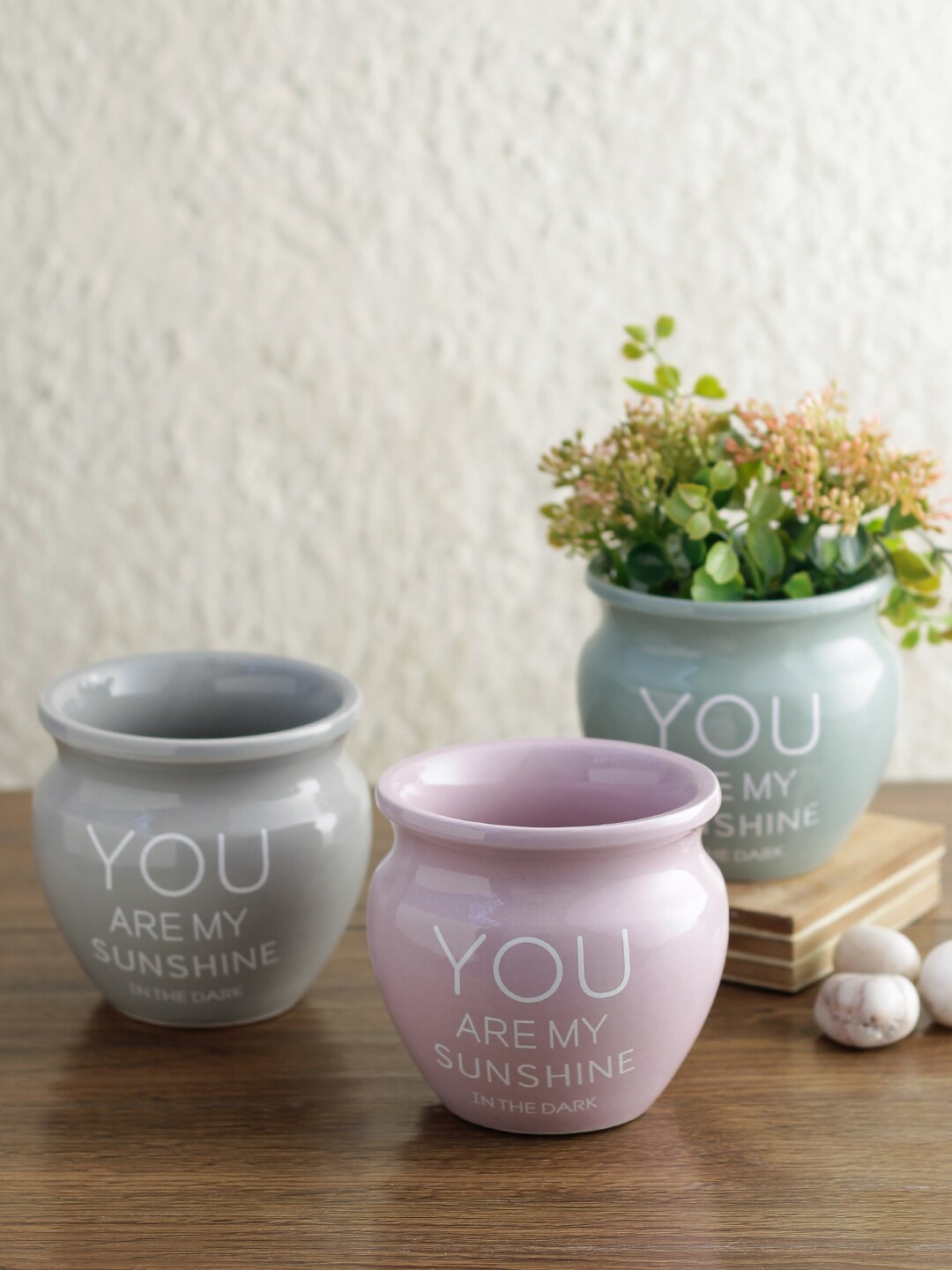 

Aapno Rajasthan Multicolored Set of 3 Ceramic Planters with a Quote, Multi