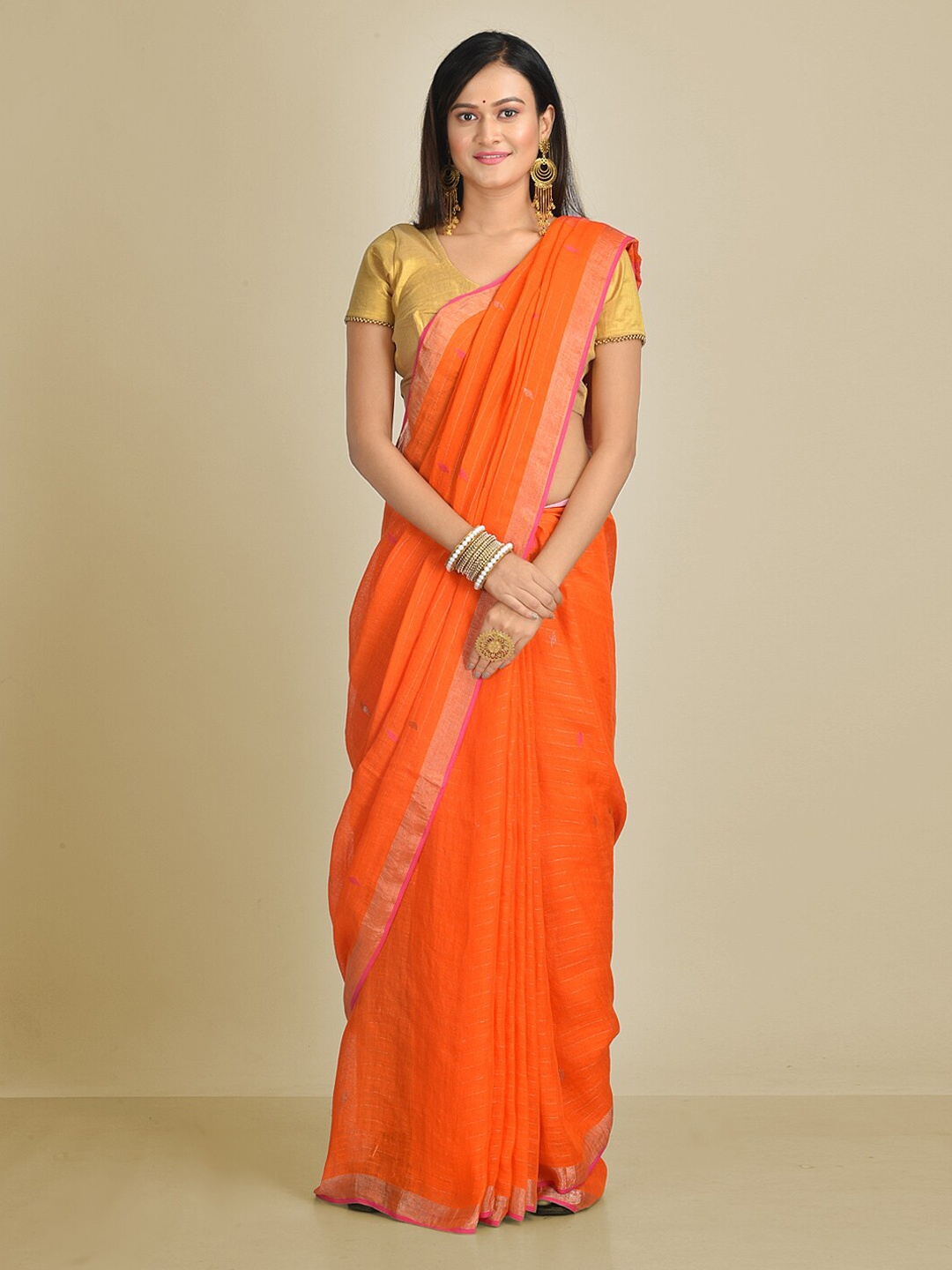 

Mitera Orange Woven Design Pure Linen Saree