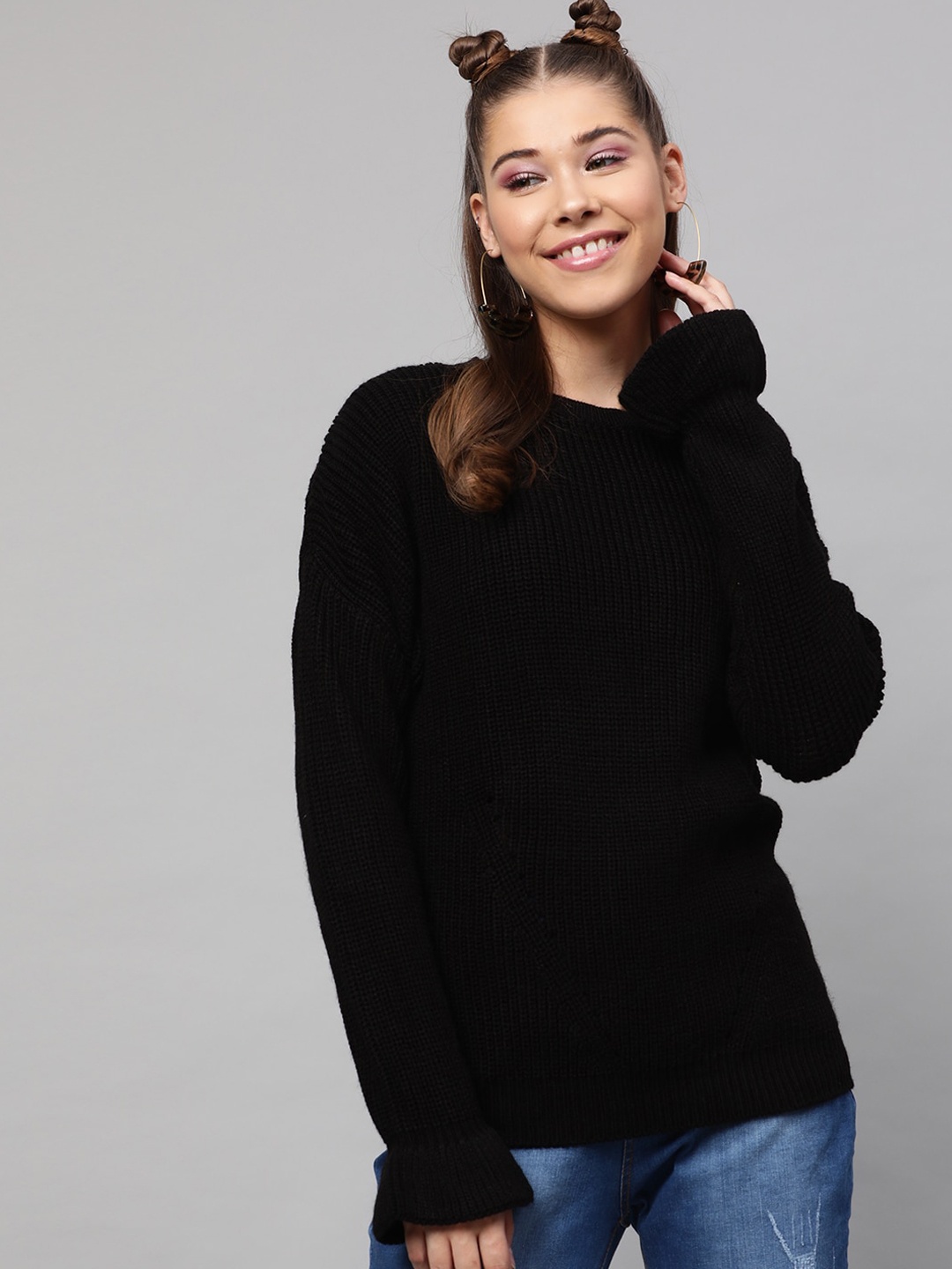 

STREET 9 Women Black Ribbed Pullover Sweater