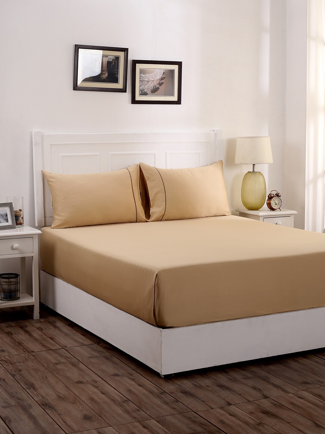 MASPAR Beige Solid 300 TC Cotton Satin 1 Single Bedsheet with 1 Pillow Covers