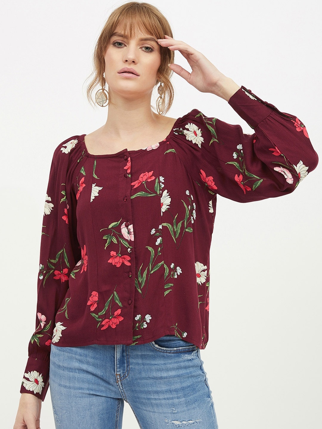 

Harpa Women Maroon Printed Pure Cotton Top