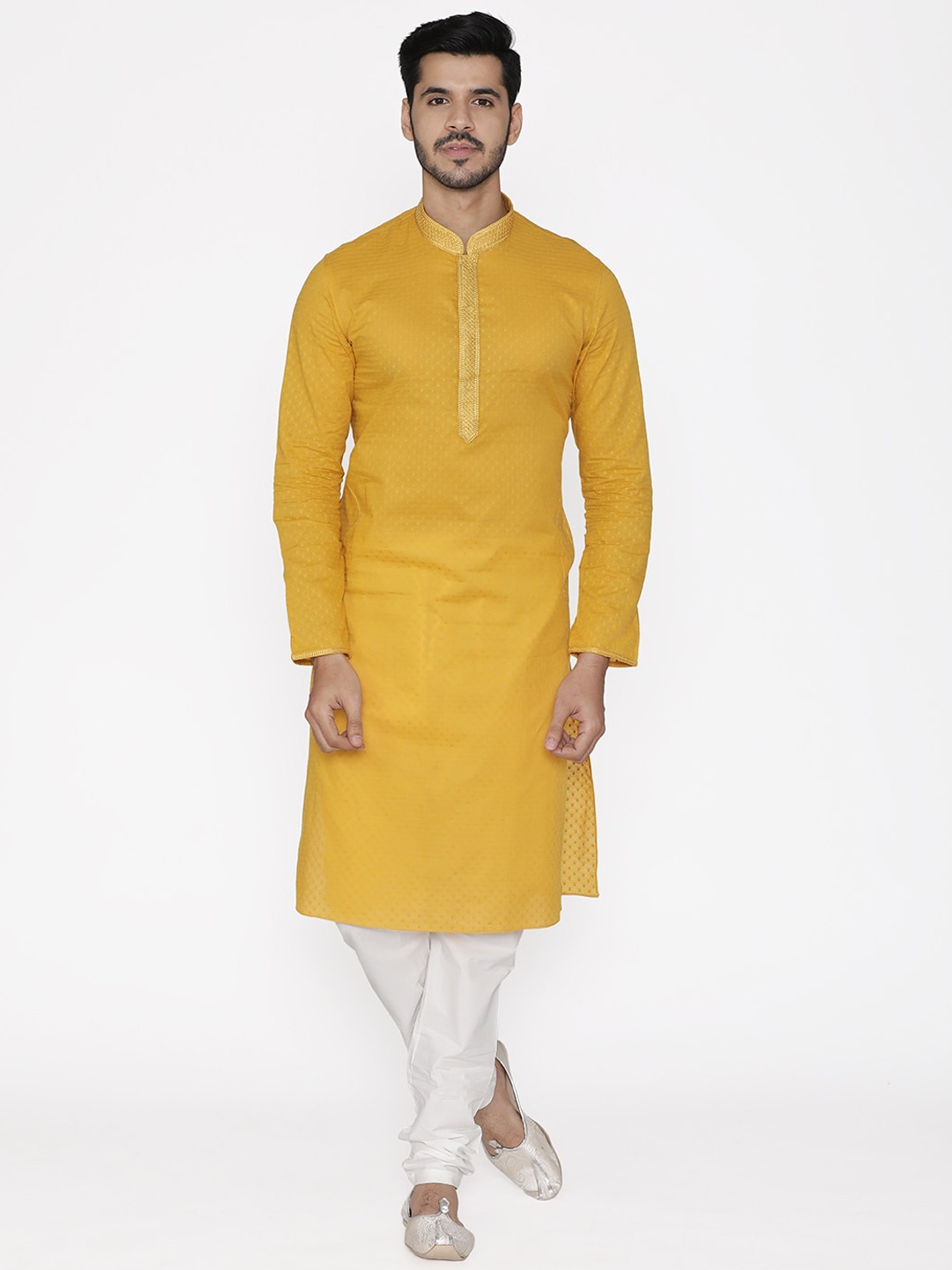 

Manyavar Men Yellow & White Self Design Kurta with Churidar