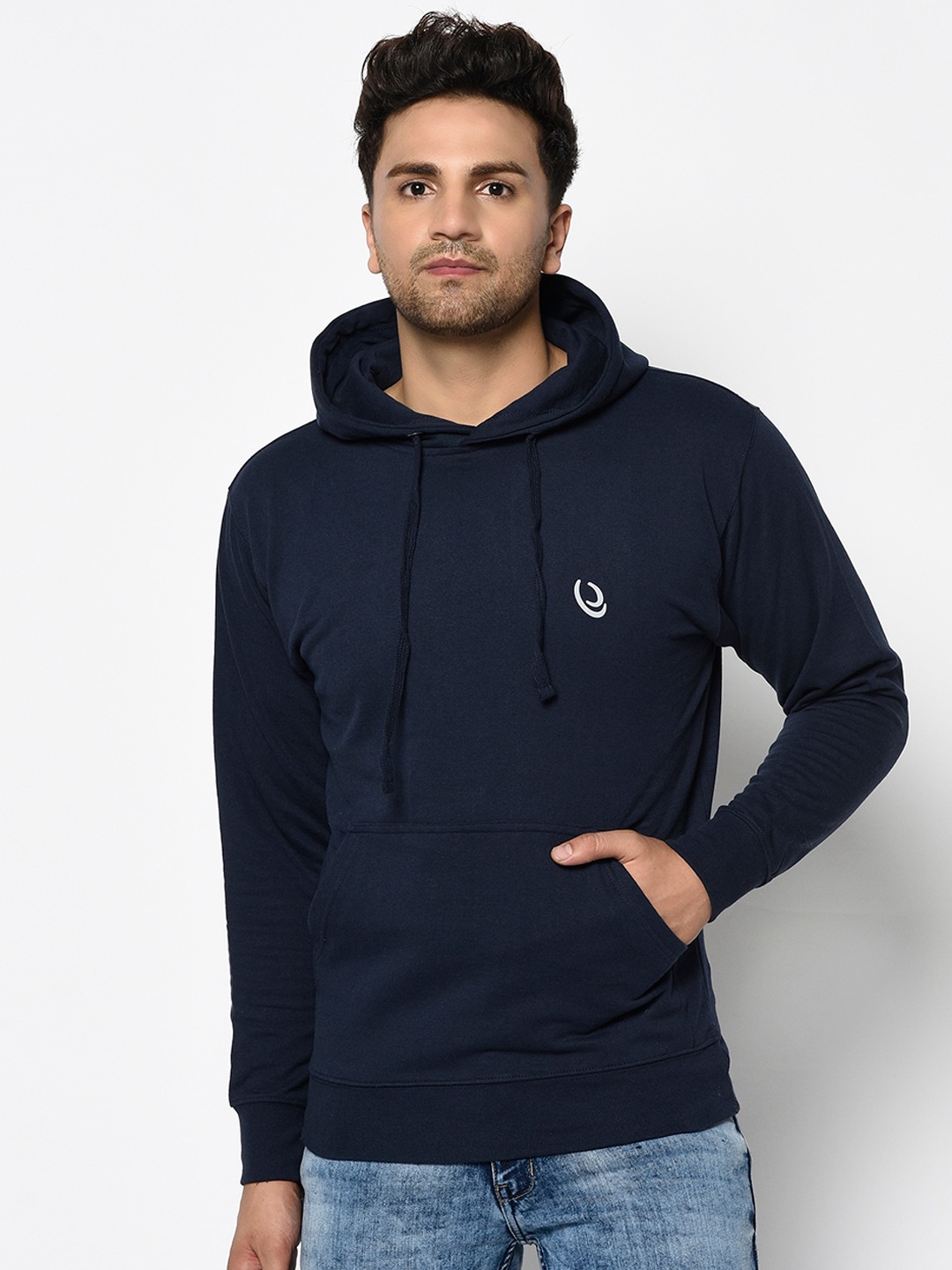 

ELEGANCE Men Navy Blue Solid Hooded Sweatshirt