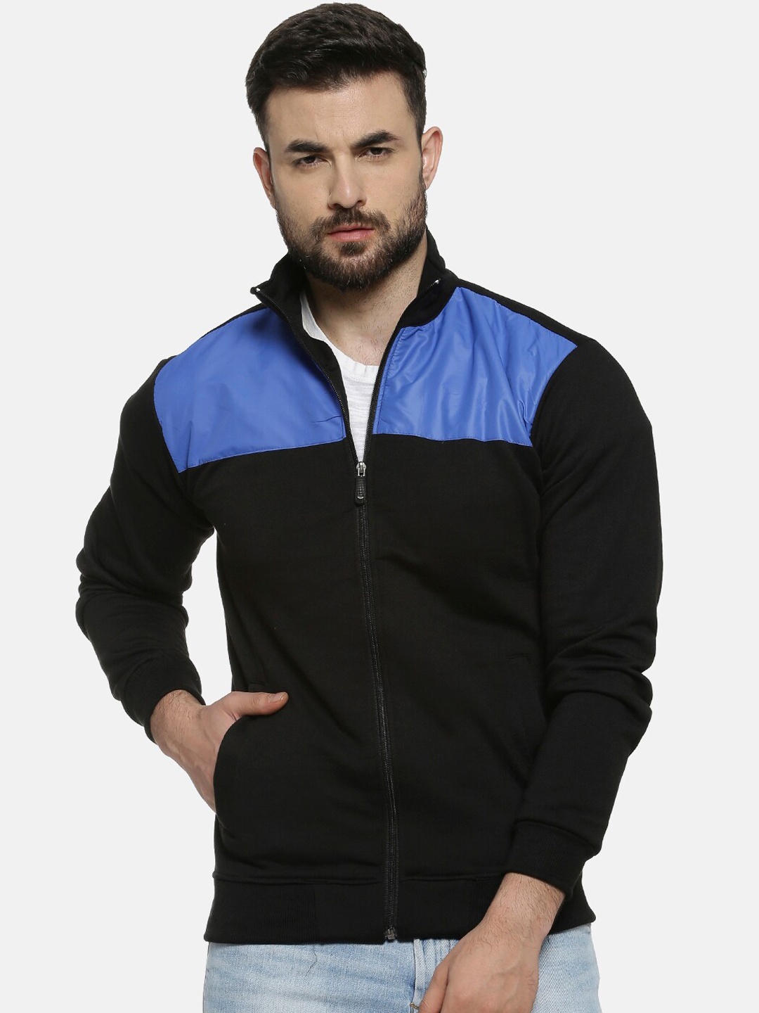 Campus Sutra Men Black & Blue Colourblocked Windcheater Bomber Jacket