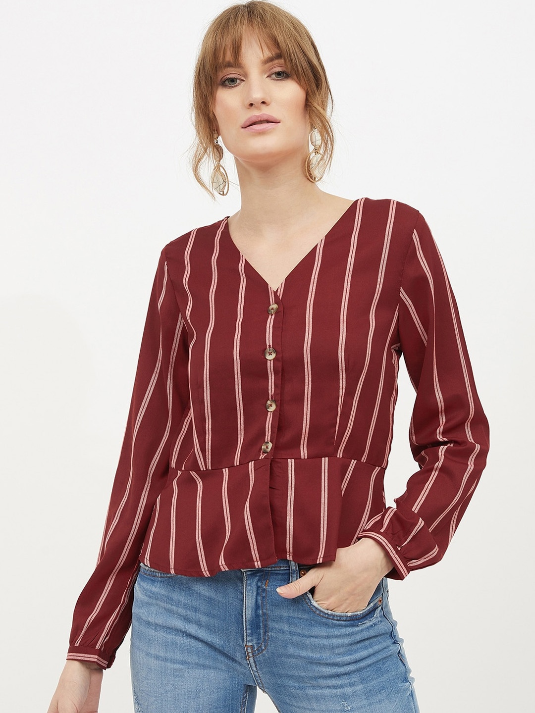

Harpa Women Maroon Striped Shirt Style Top