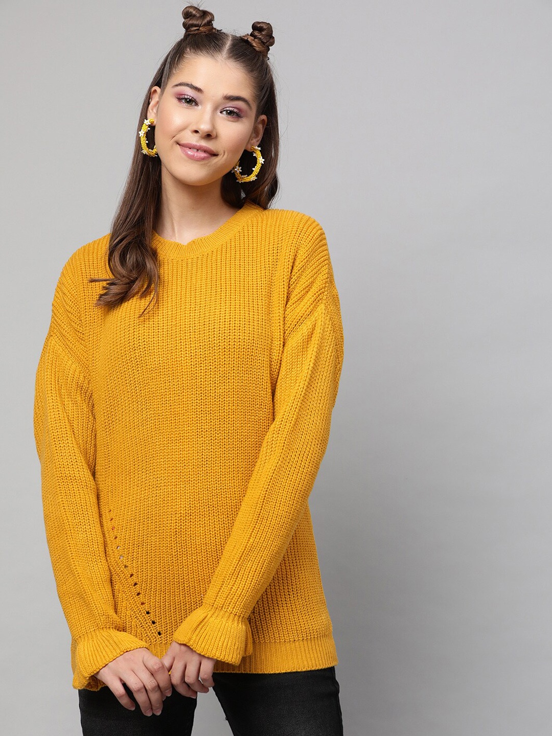 STREET 9 Women Mustard Yellow Self Design Pullover Acrylic Sweater