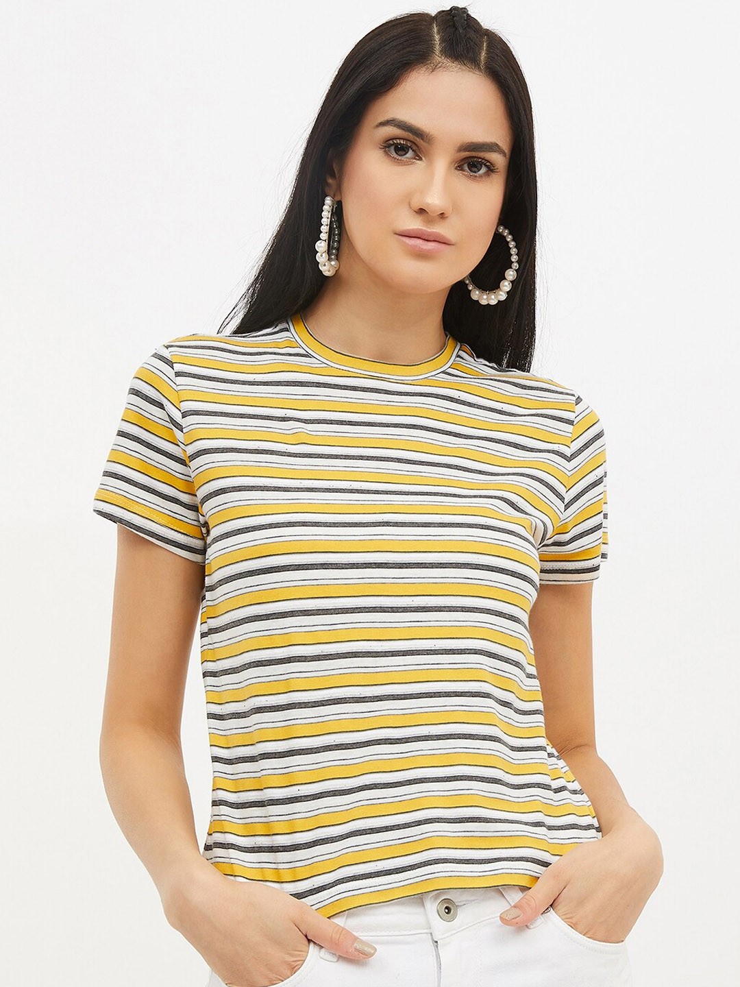 

Harpa Women Yellow Grey Striped Round Neck Pure Cotton T-shirt