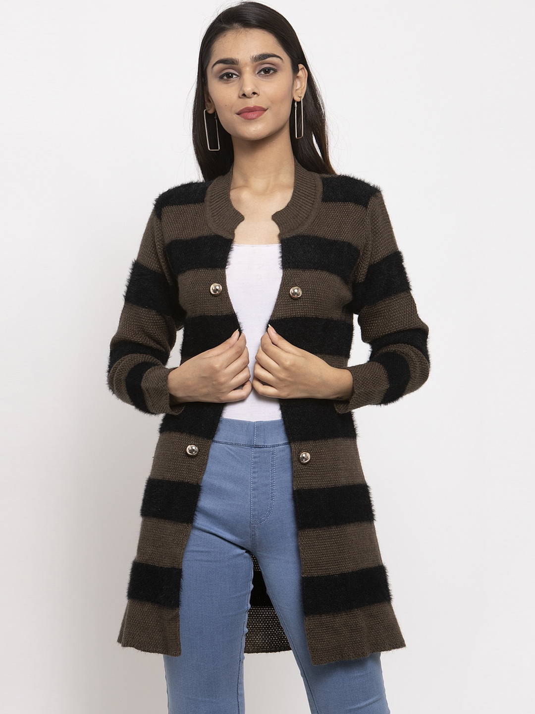 

VANYA Women Coffee Brown Striped Cardigan Sweater