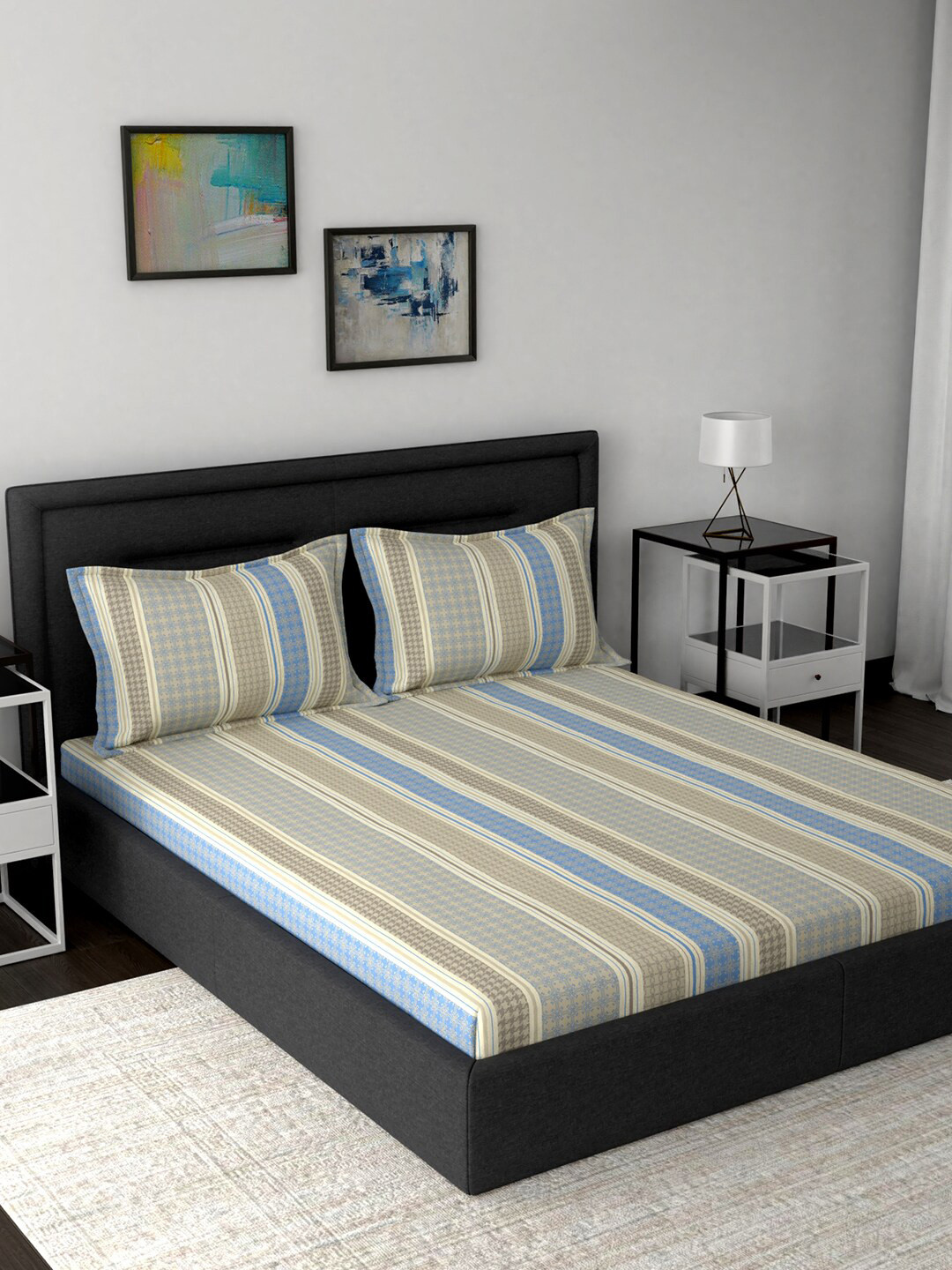 

MASPAR Cream-Coloured & Blue Striped 200 TC Cotton 1 Queen Bedsheet with 2 Pillow Covers