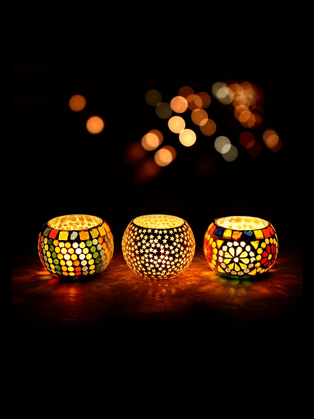 

eCraftIndia Candle Holders Set of 3 Mosiac Glass Decorative Tea Light Holder/Diya, Multi