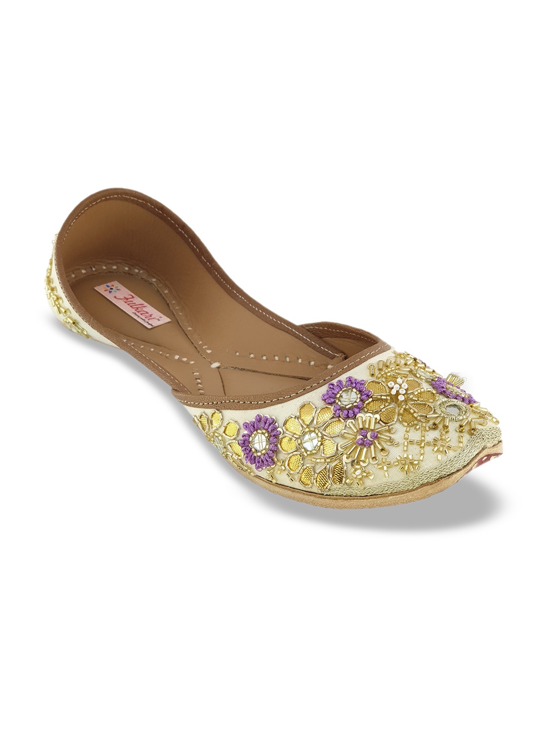 

Fulkari Women Beige & Gold-Toned Embellished Leather Mojaris