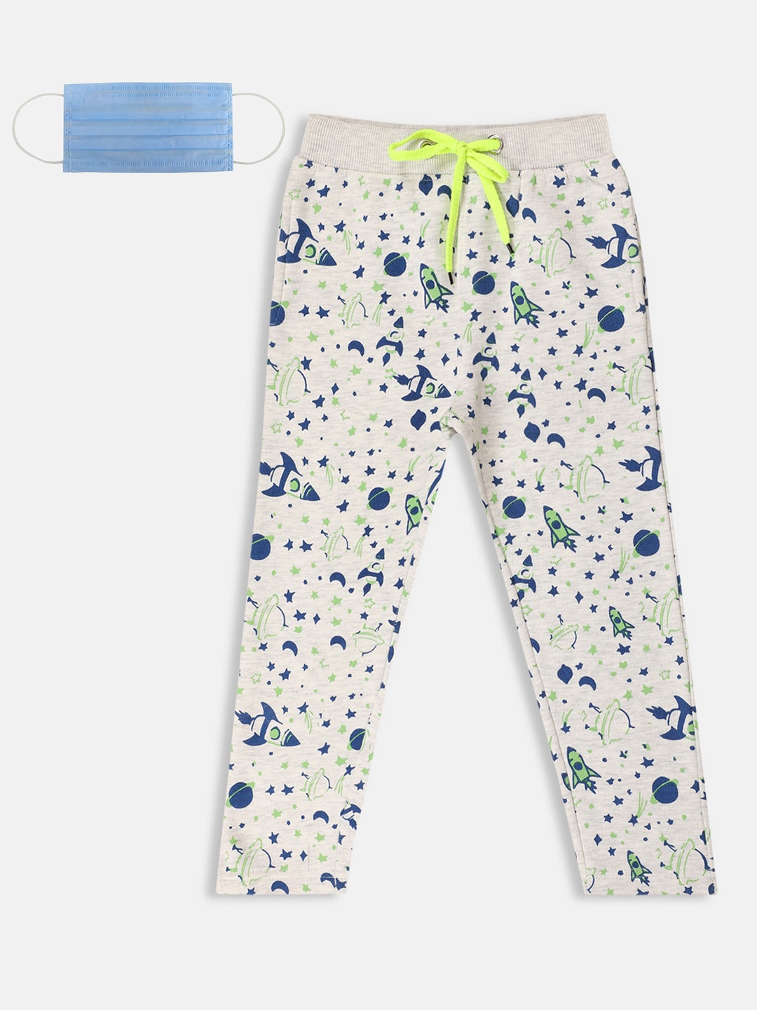 

Lil Tomatoes Boys Grey Melange Navy Blue Printed Straight-Fit Track Pants