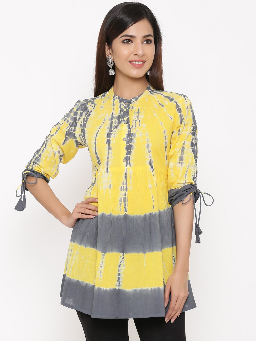 

kipek Women Yellow & Grey Tie Dye Printed 60's Cambric Anarkali Kurti