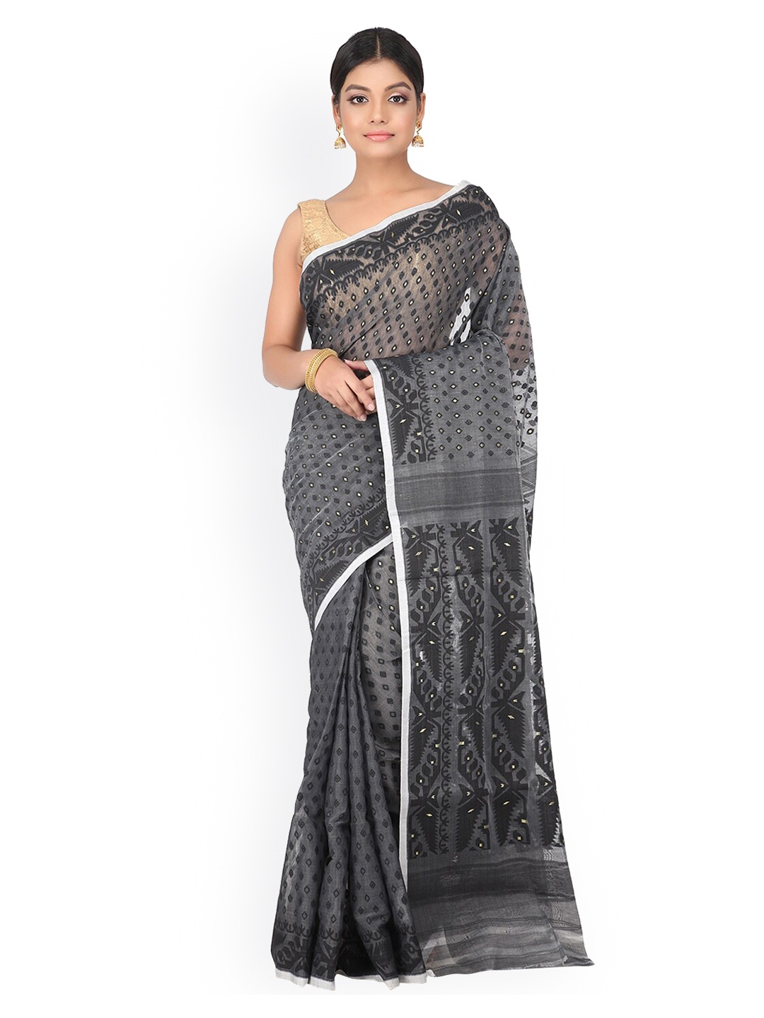 

PinkLoom Charcoal Grey Pure Cotton Woven Design Handloom Jamdani Sustainable Saree