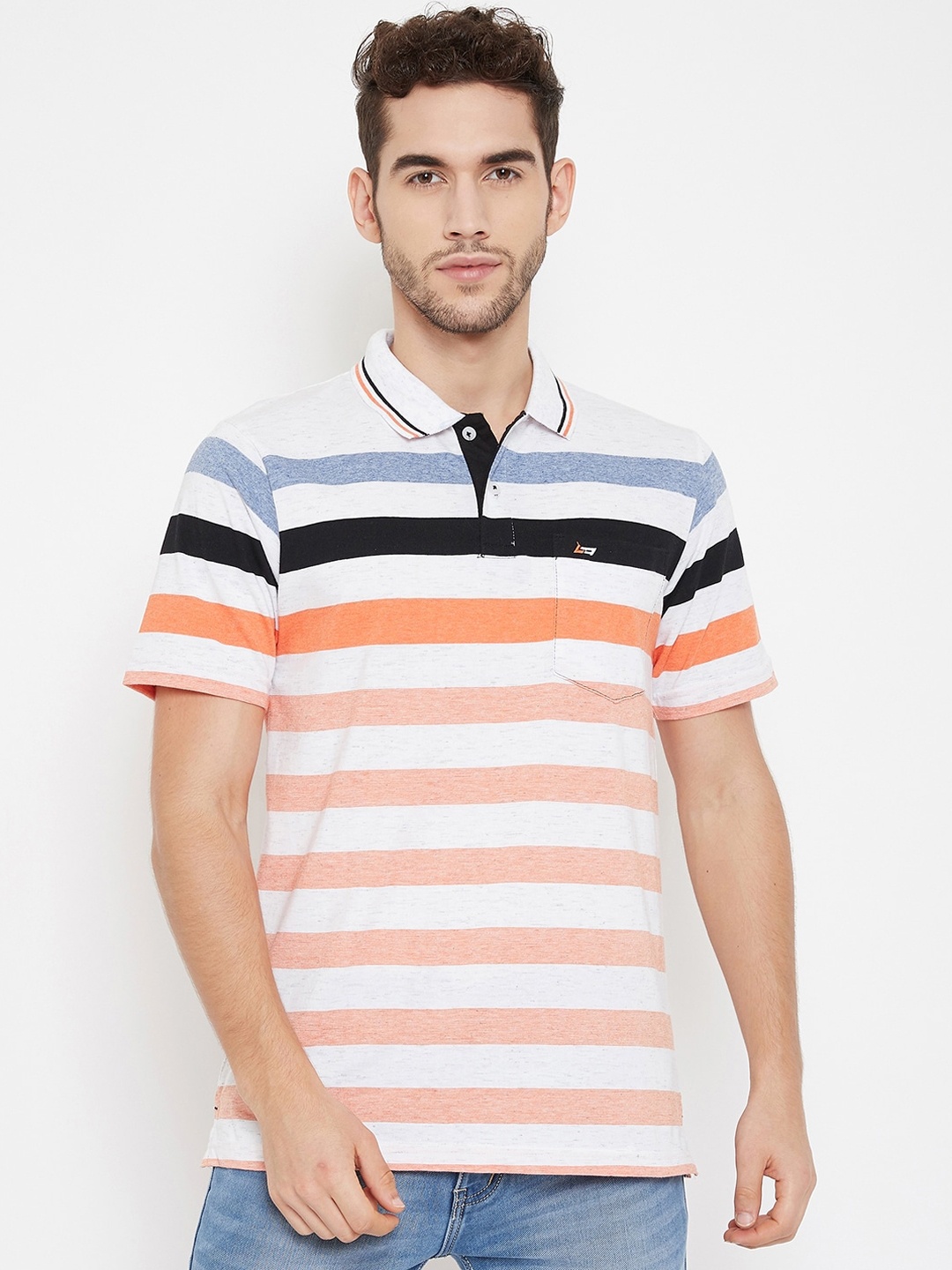

NEVA Men White & Orange Striped Polo Collar T-shirt