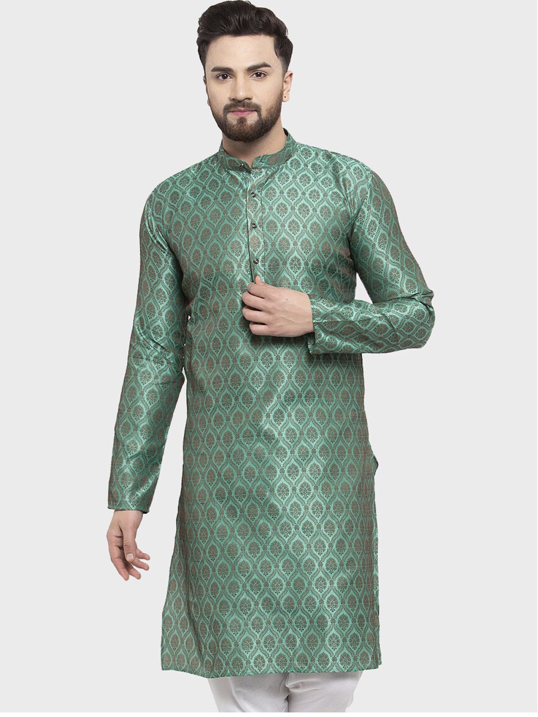 

Jompers Men Green Woven Design Straight Kurta