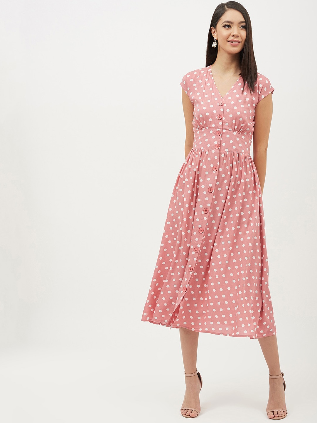 

Harpa Women Pink Polka Dots Printed Fit and Flare Dress