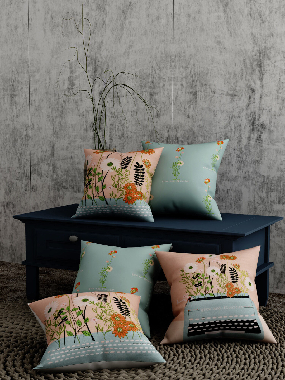 

EverHOME Blue & Pink Printed Set of 5 Floral Square Cushion Covers