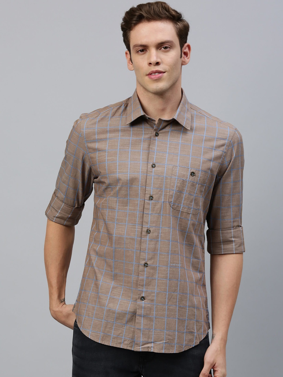 RARE RABBIT Men Stark Regular Fit Checked Shirt, Taupe