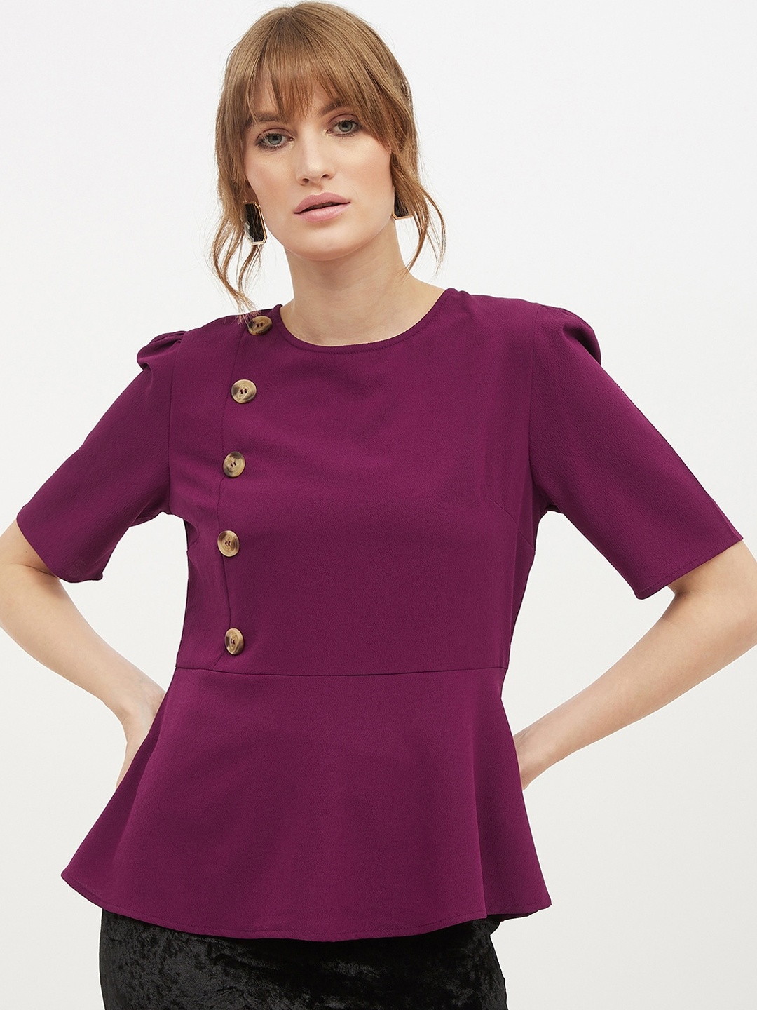 

Harpa Women Burgundy Solid Peplum Top