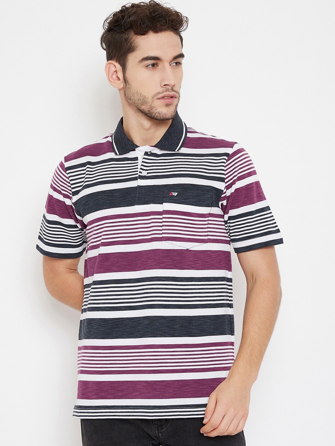 

NEVA Men Grey & Purple Striped Polo Collar T-shirt