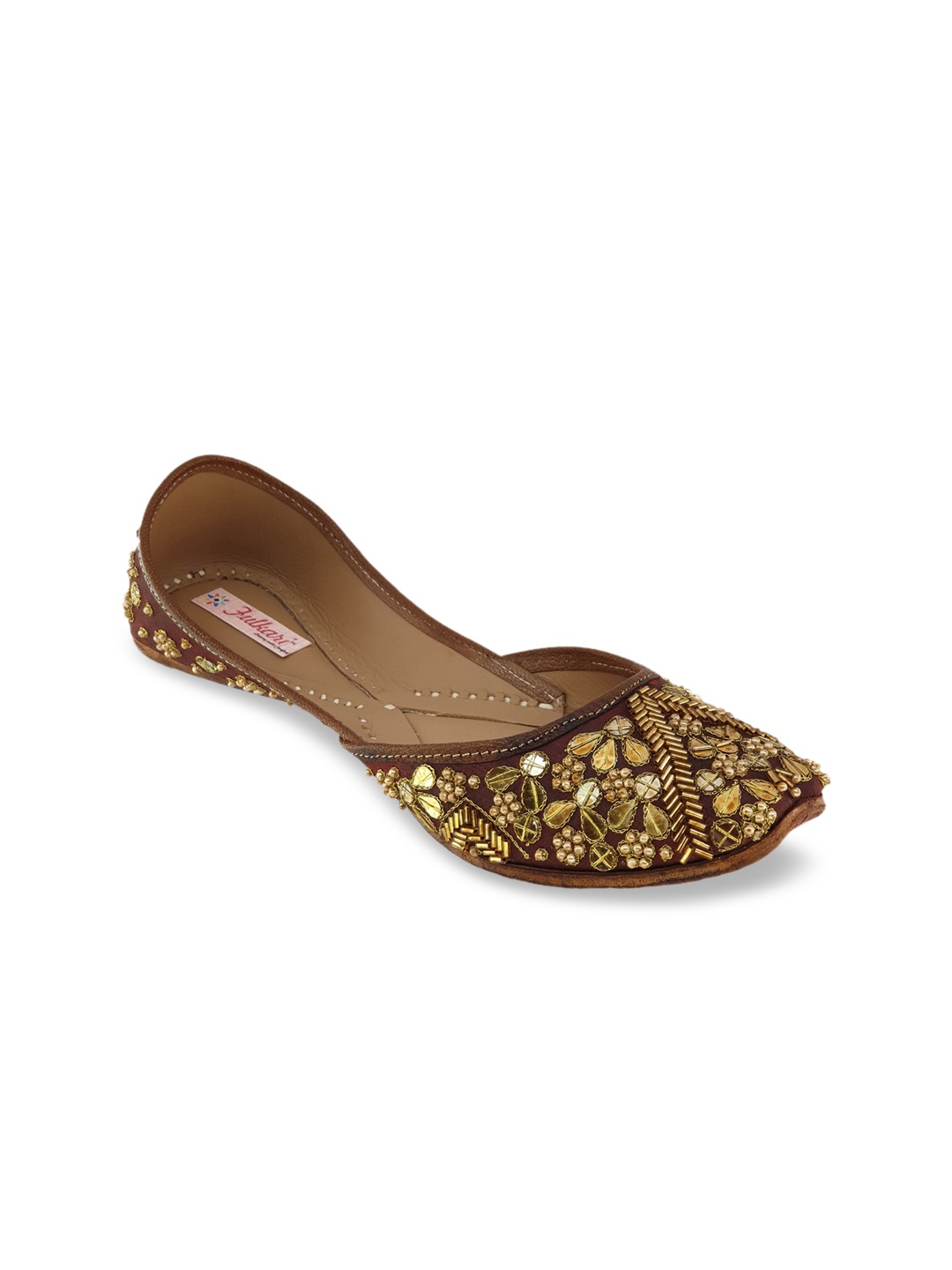 

Fulkari Women Maroon & Gold-Toned Embellished Leather Mojaris