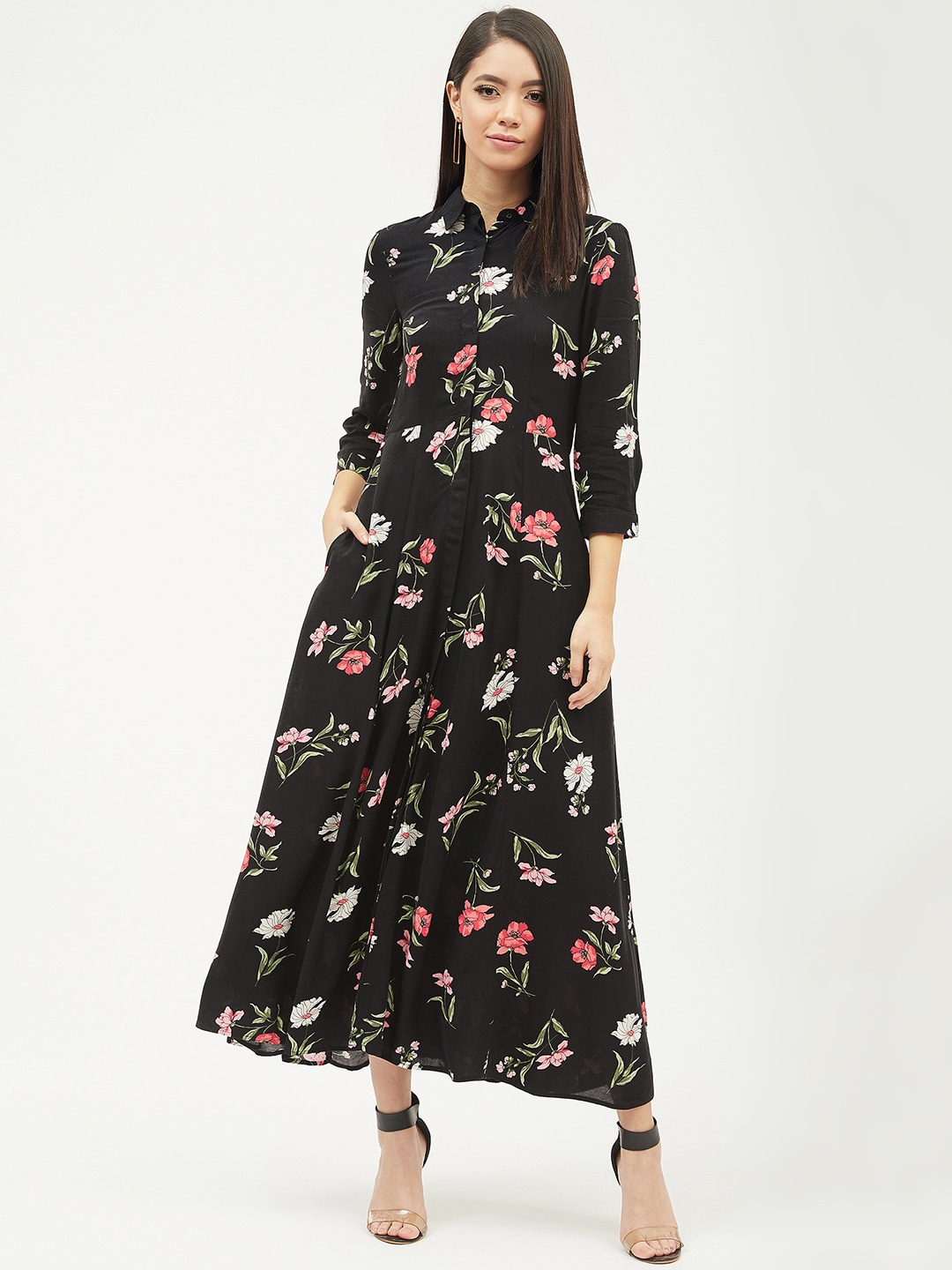 

Harpa Women Black & Green Floral Printed Shirt Dress