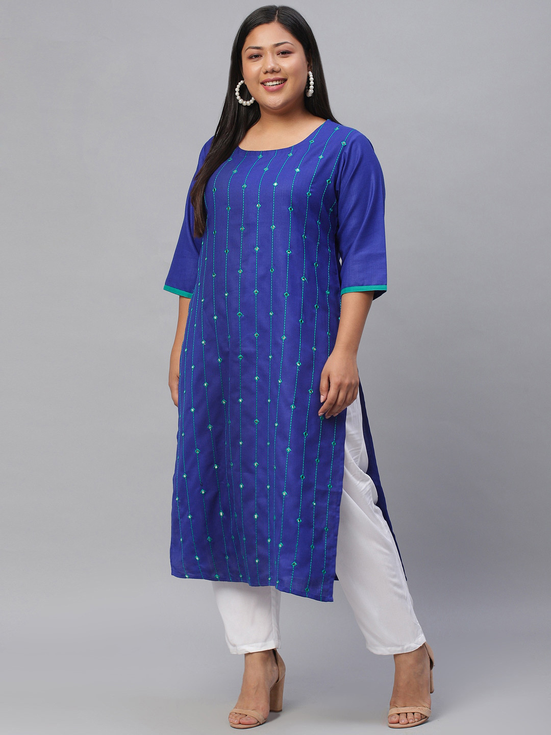 

EXTRA LOVE BY LIBAS Plus Size Women Blue Embroidered Mirror Work Kurta