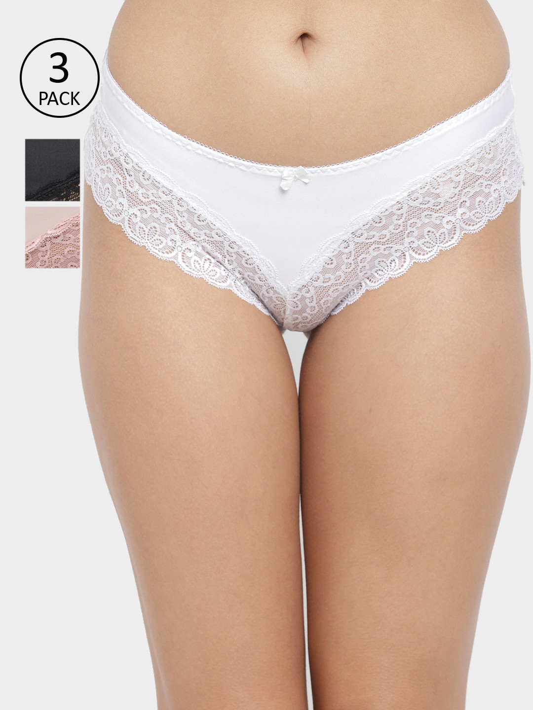 

N-Gal Women Pack Of 3 Solid Edge Floral Lace Bikini Briefs NTDT16, White