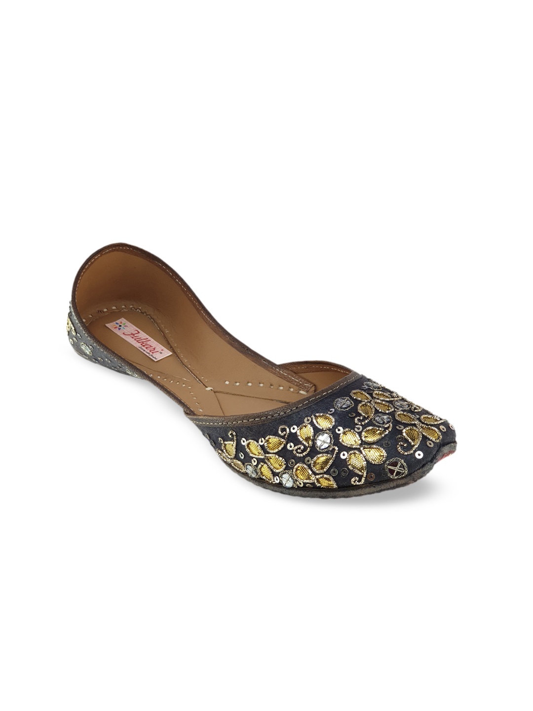 

Fulkari Women Grey & Gold-Toned Embellished Leather Mojaris