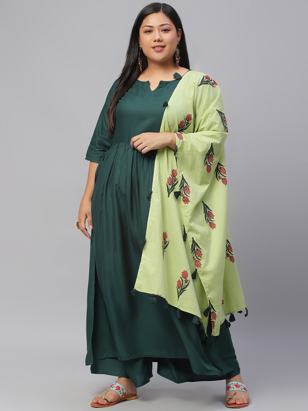 

EXTRA LOVE BY LIBAS Plus Size Women Green Kurta with Palazzos & With Dupatta