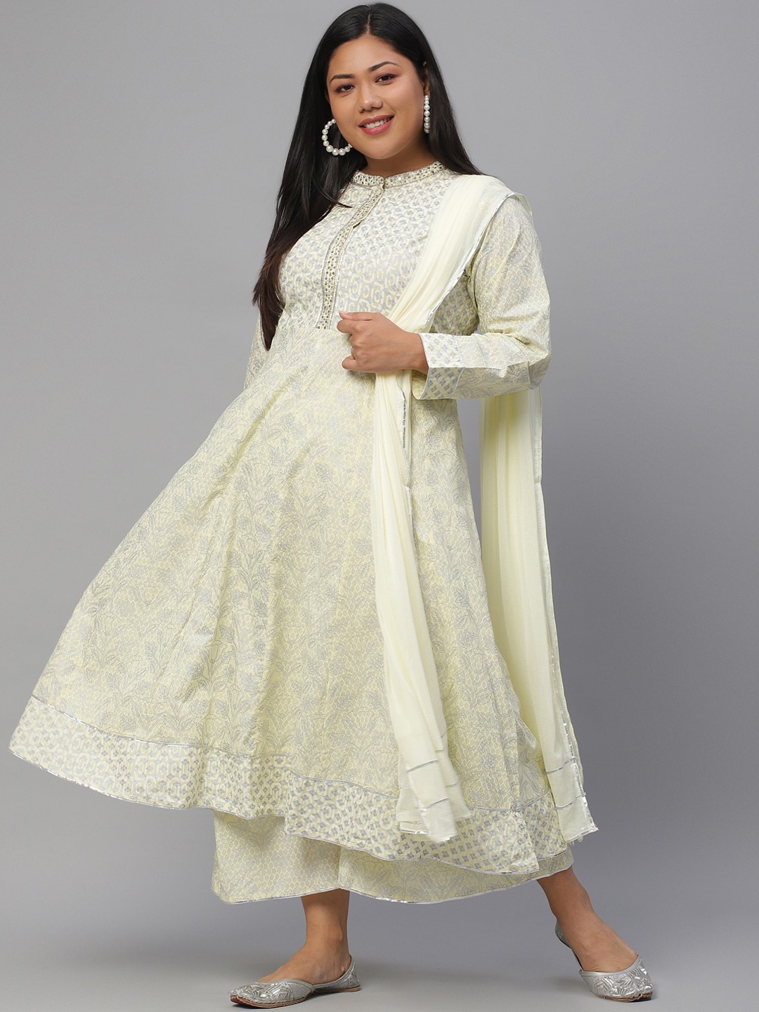 

EXTRA LOVE BY LIBAS Women Yellow Floral Printed Empire Pure Cotton Kurta with Palazzos & With Dupatta