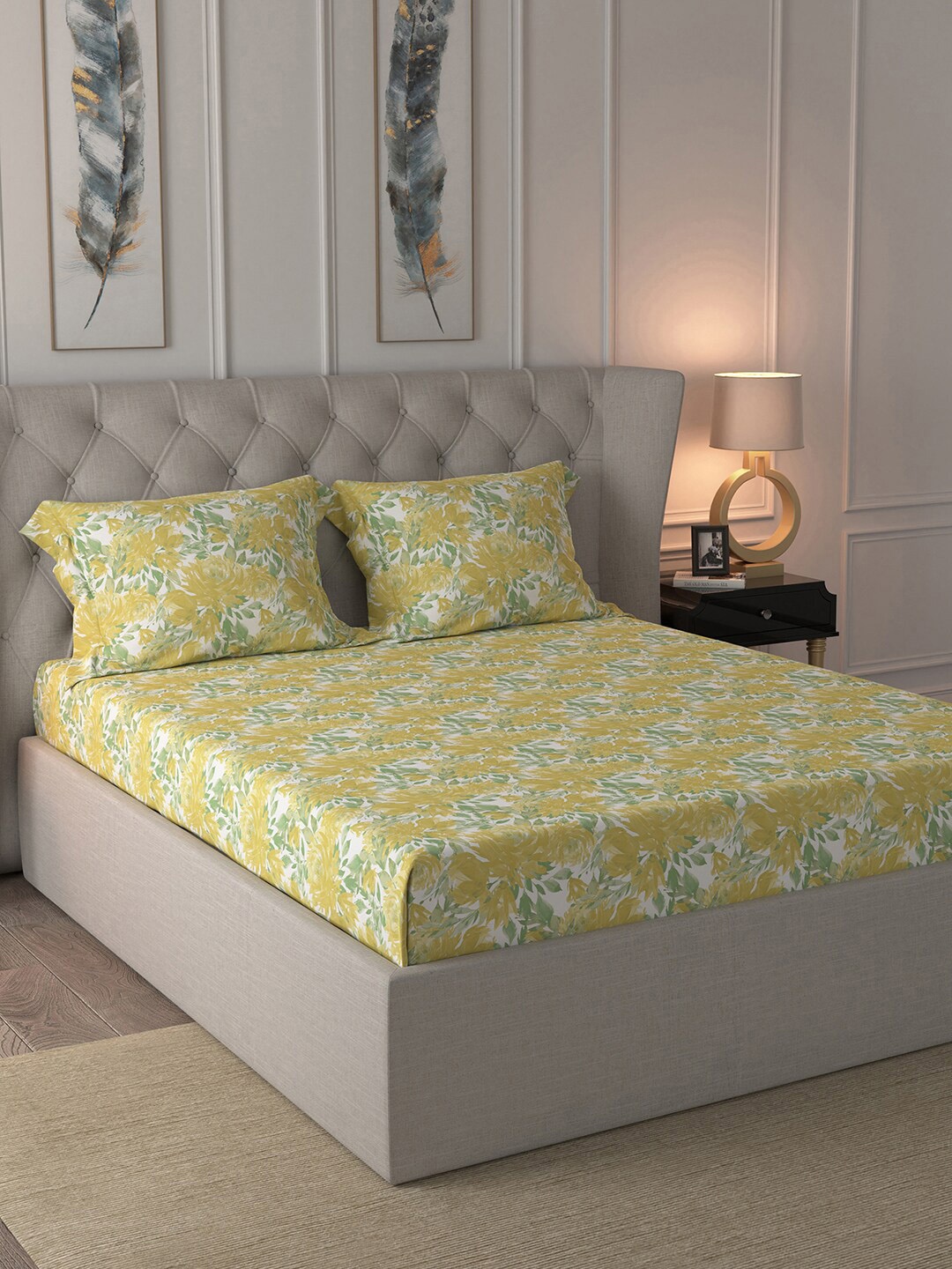 

MASPAR White & Mustard Yellow Floral 200 TC Cotton 1 Queen Bedsheet with 2 Pillow Covers