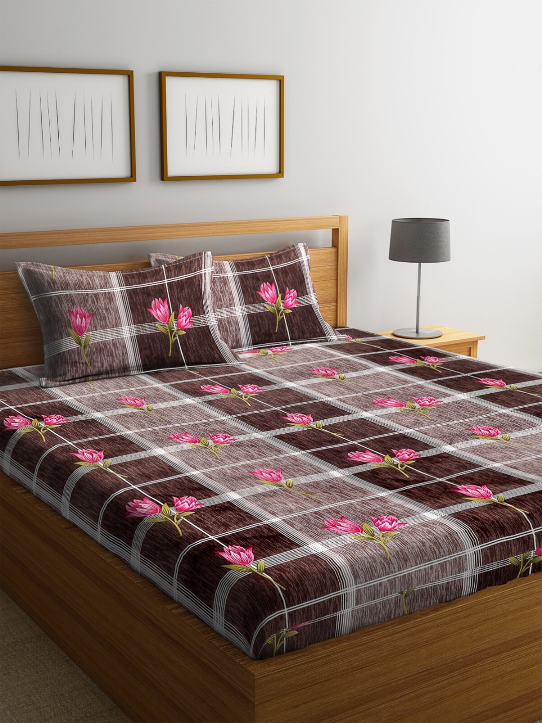 

ROMEE Floral Print 144 TC Microfiber Queen Bedsheet with 2 Pillow Covers, Brown