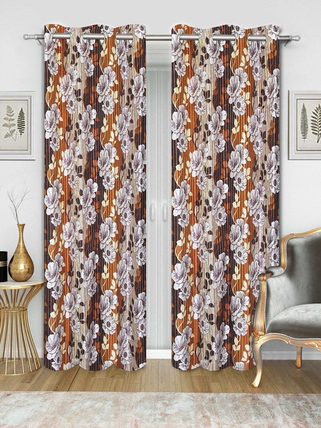 Good Homes by Home Candy Set of 2 Brown & Off-White Floral Print Door Curtains