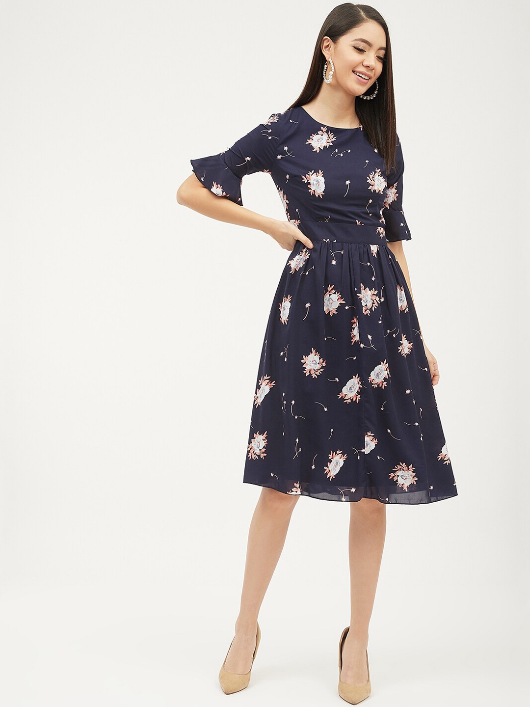 

Harpa Women Navy Blue Printed A-Line Dress