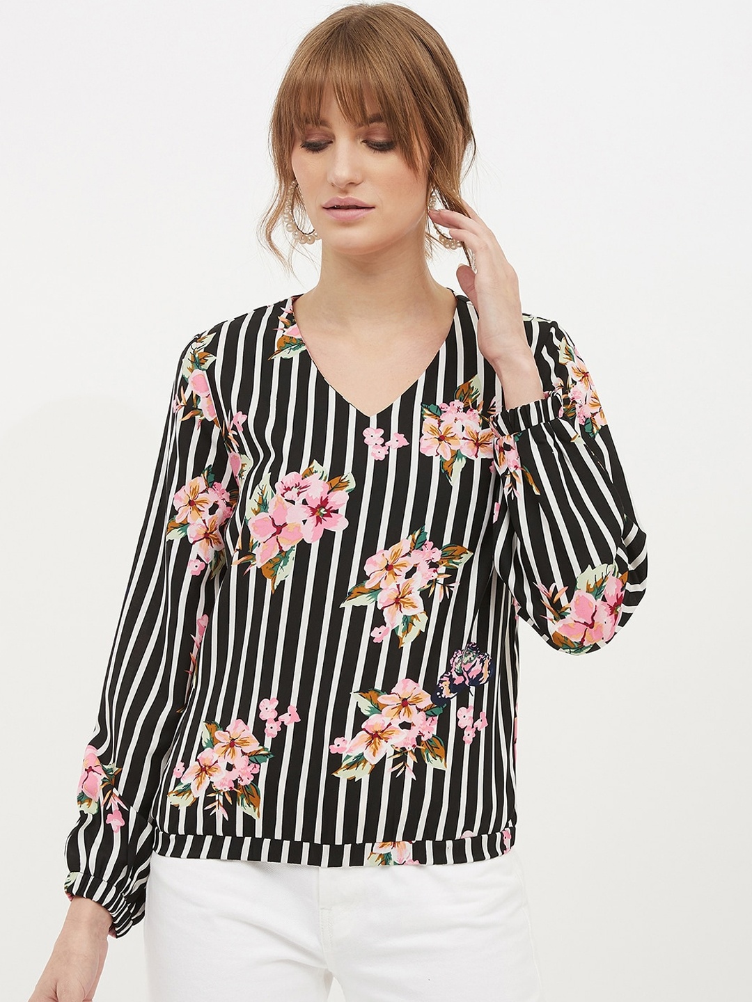 Harpa Women Black & Pink Floral Printed Top