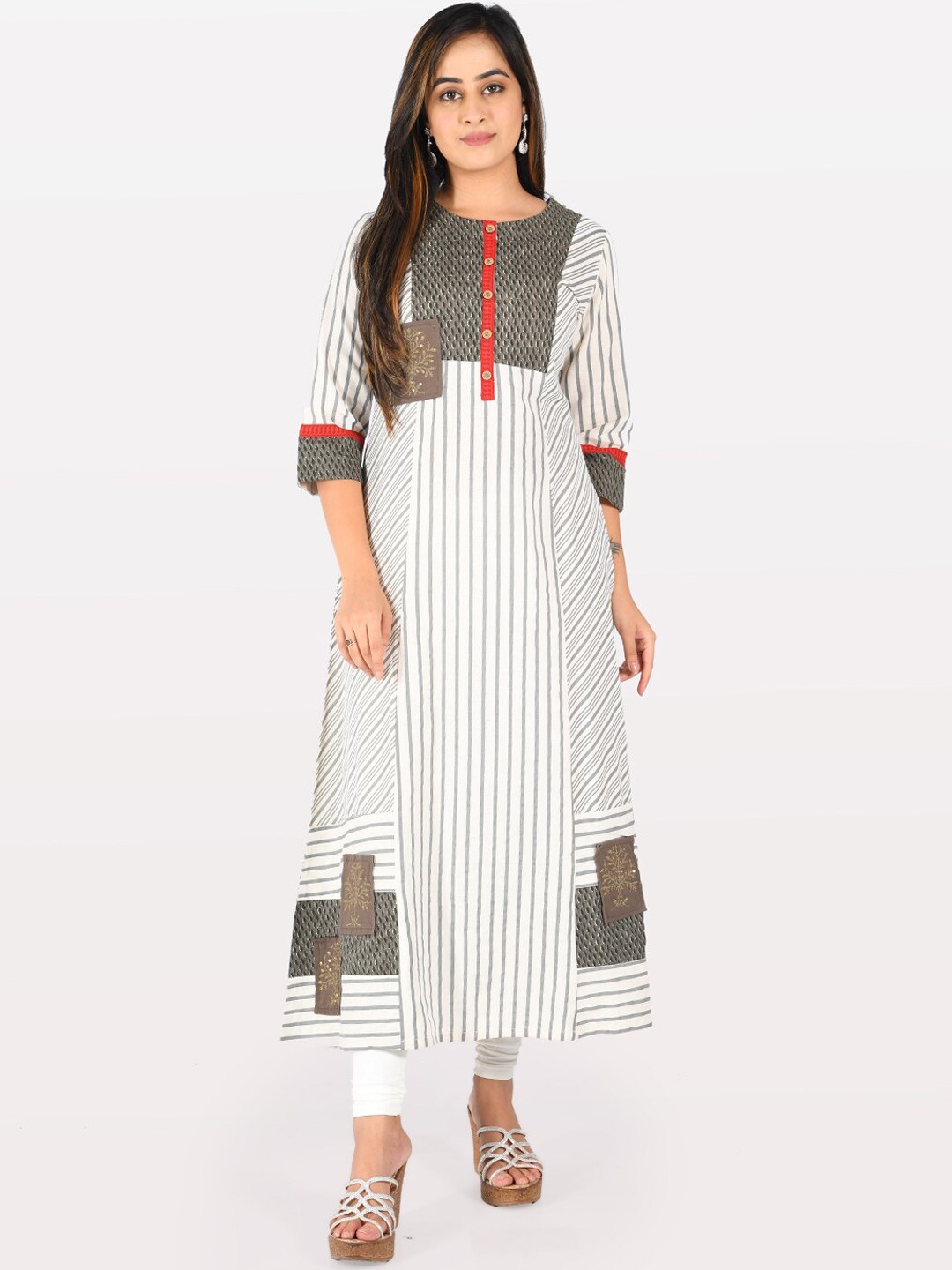 

Neerus Women Grey & Off-White Striped A-Line Kurta