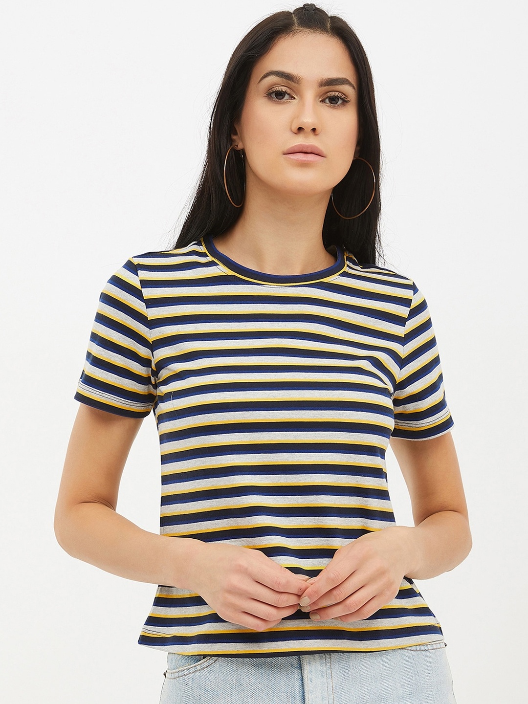 

Harpa Women Grey & Navy Blue Striped Round Neck T-shirt