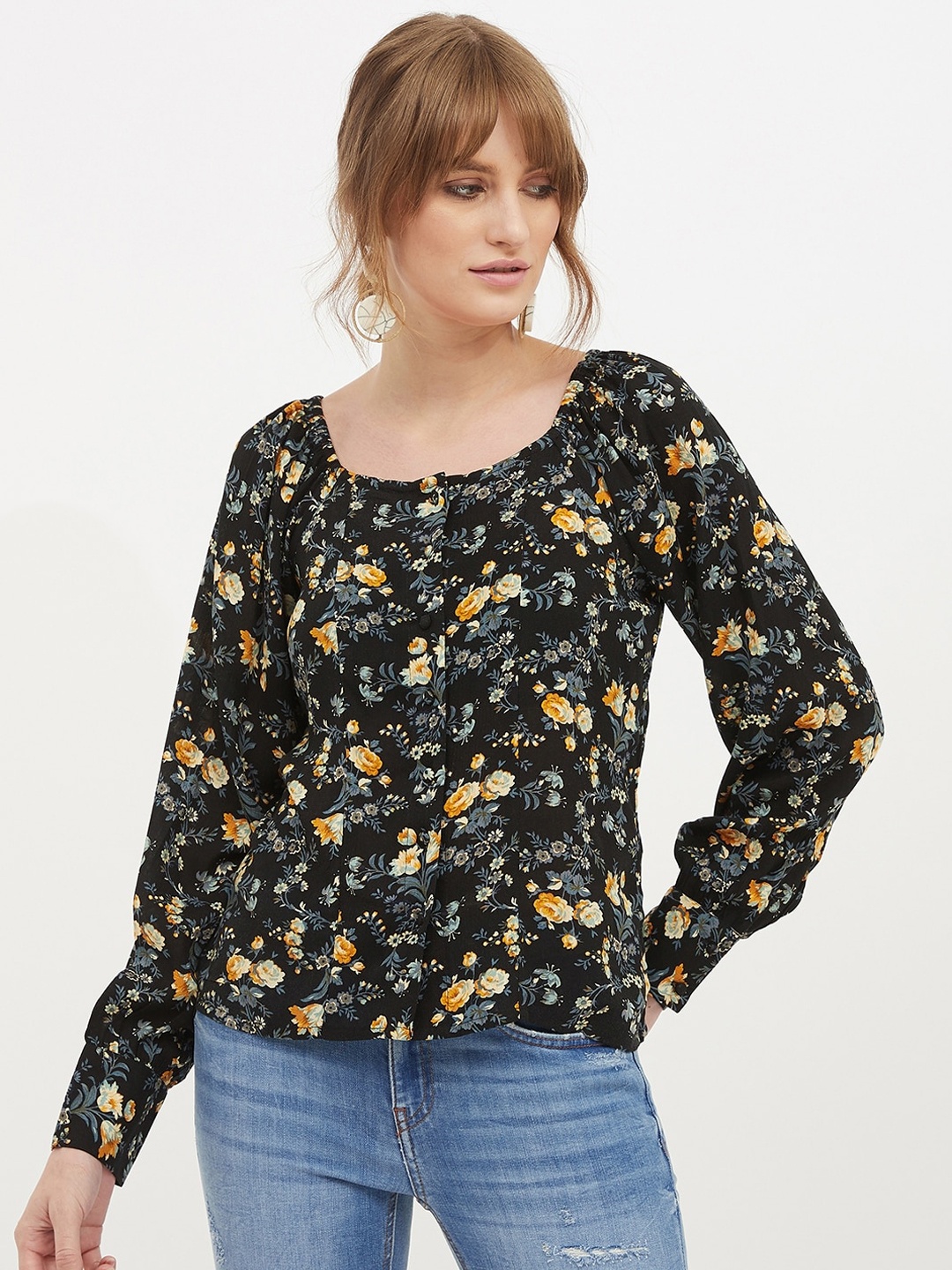

Harpa Women Black & Grey Floral Printed Pure Cotton Top