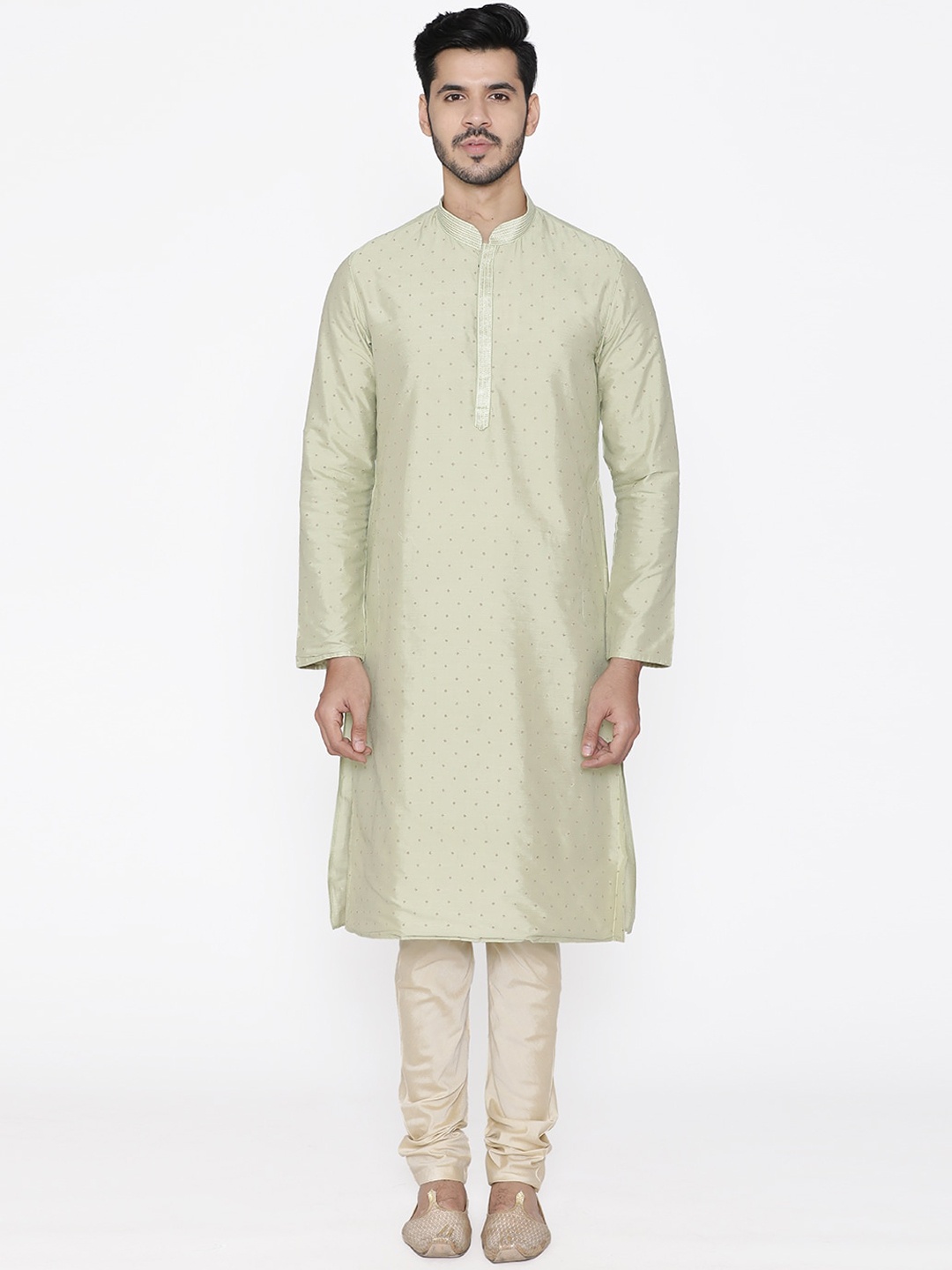Manyavar Men Green & Off-White Self Design Kurta with Churidar
