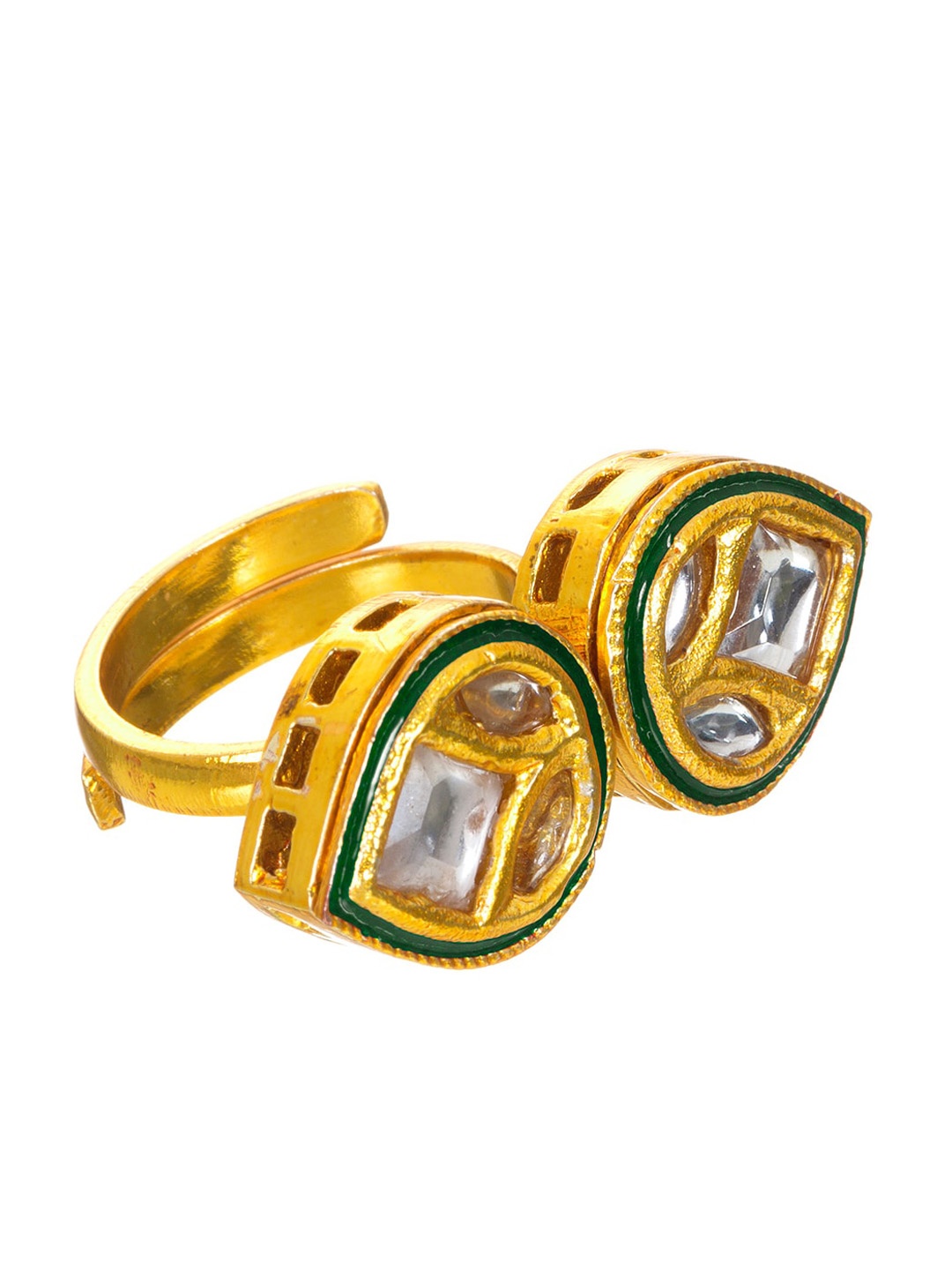 

Kundan Pear Shaped Ring With Green Enamel Work., White