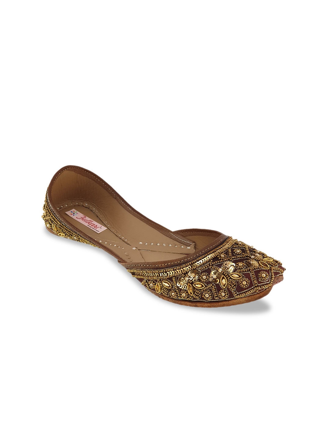 Fulkari Women Maroon & Gold-Toned Embellished Leather Mojaris