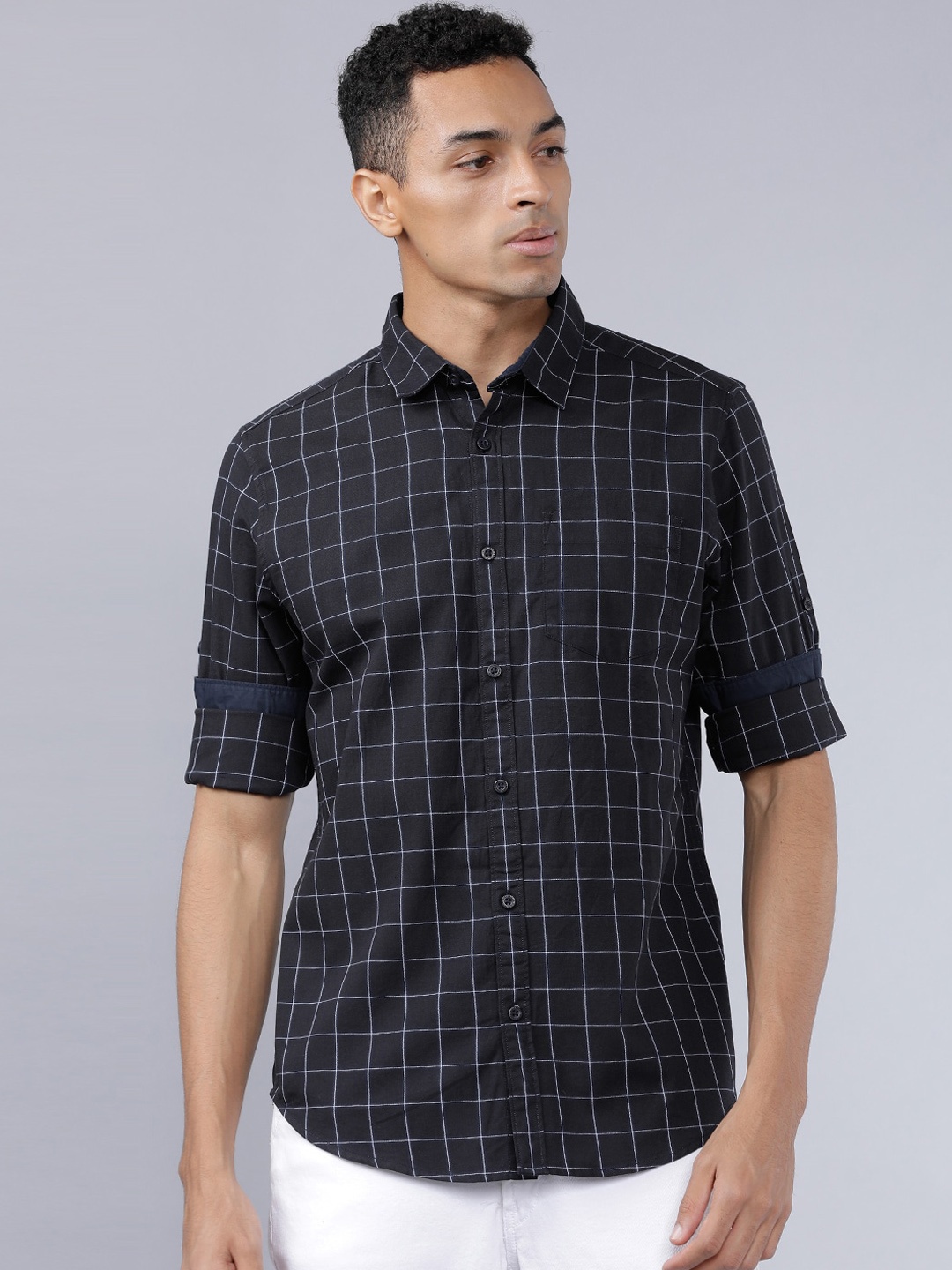 

HIGHLANDER Men Black & White Slim Fit Yarn Dyed Checked Casual Shirt