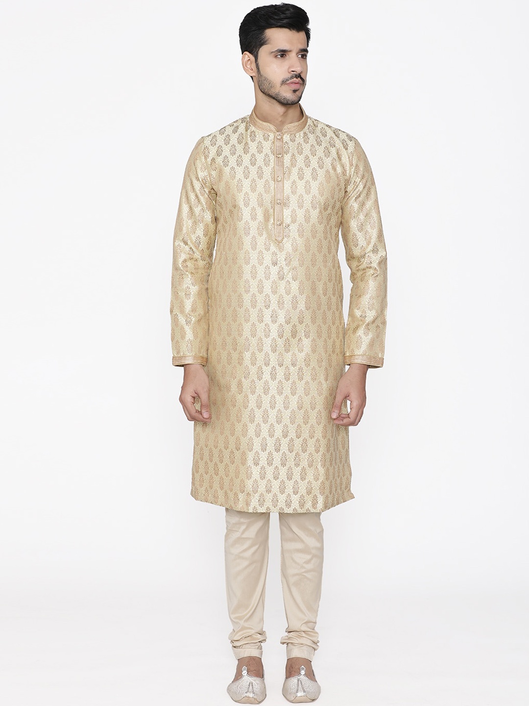 

Manyavar Men Gold-Toned & Beige Self Design Kurta with Churidar