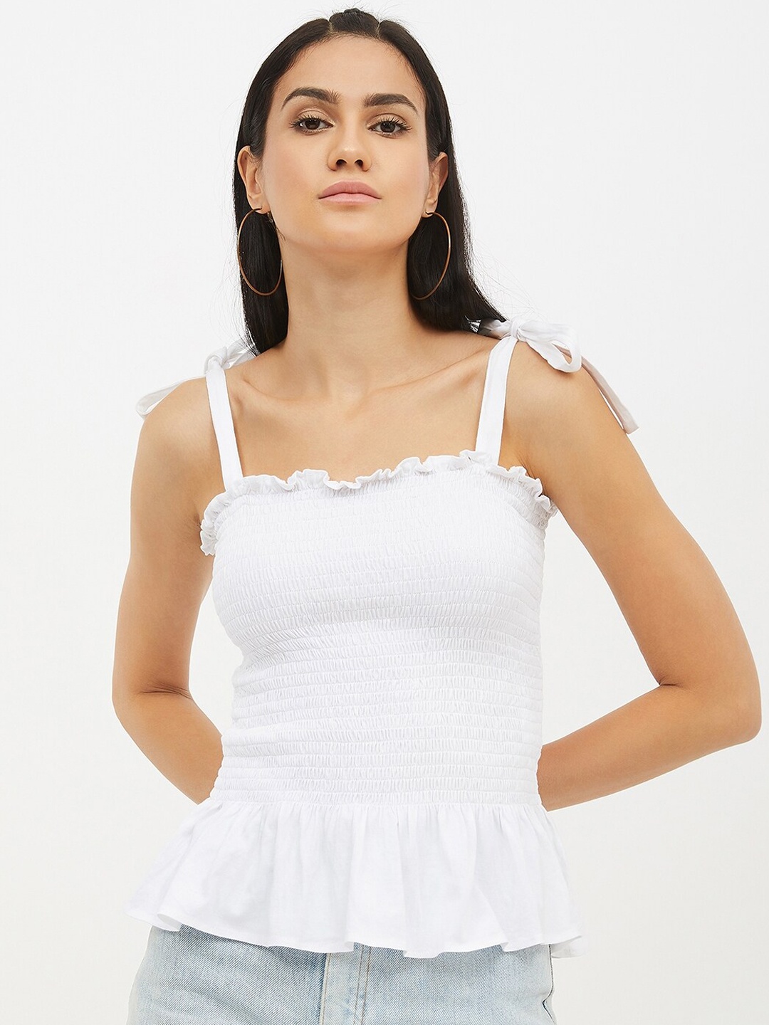 

Harpa Women White Solid Tank Pure Cotton Top