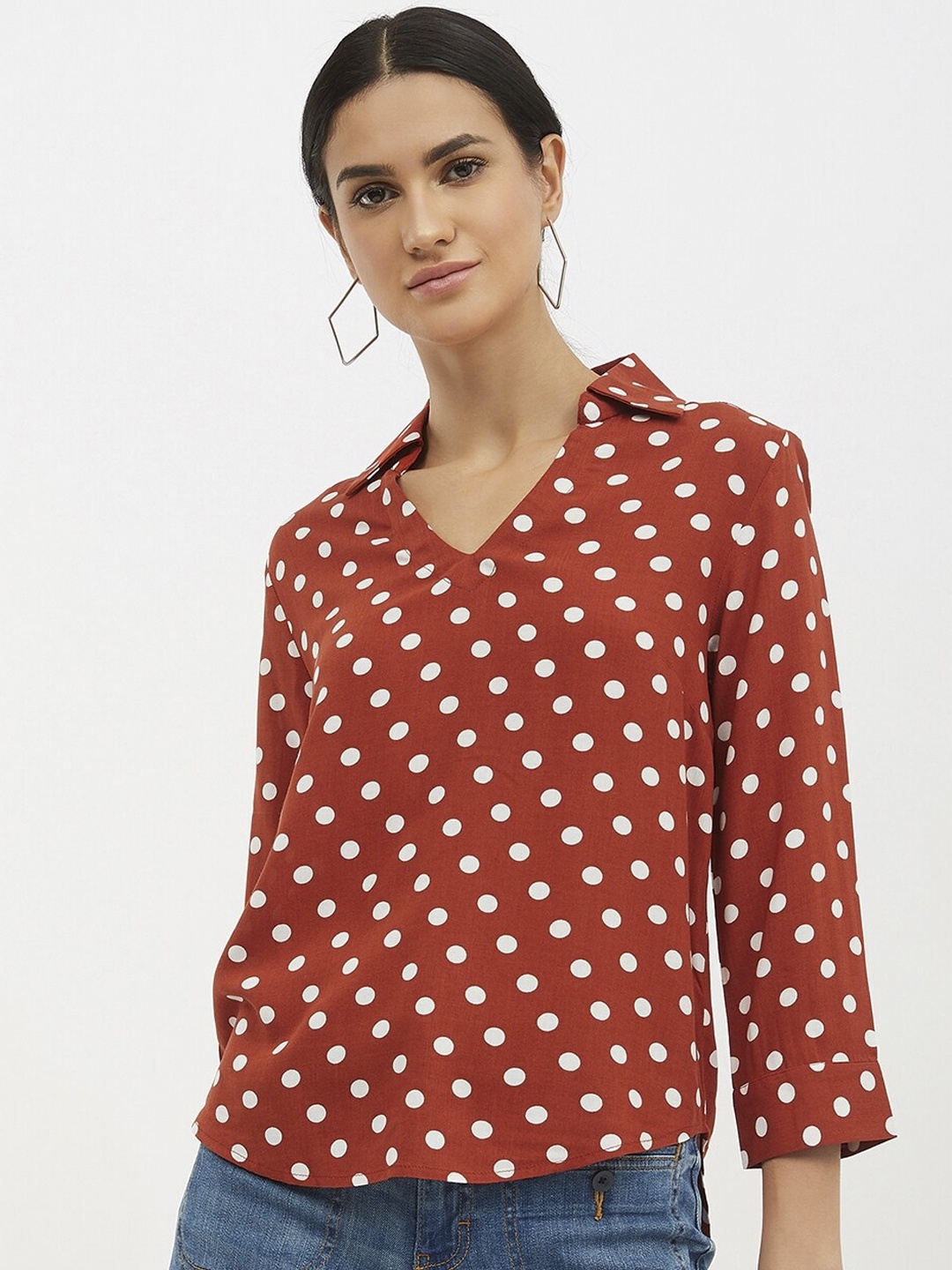 

Harpa Women Rust Red Polka Dot Printed Shirt Style Pure Cotton Top