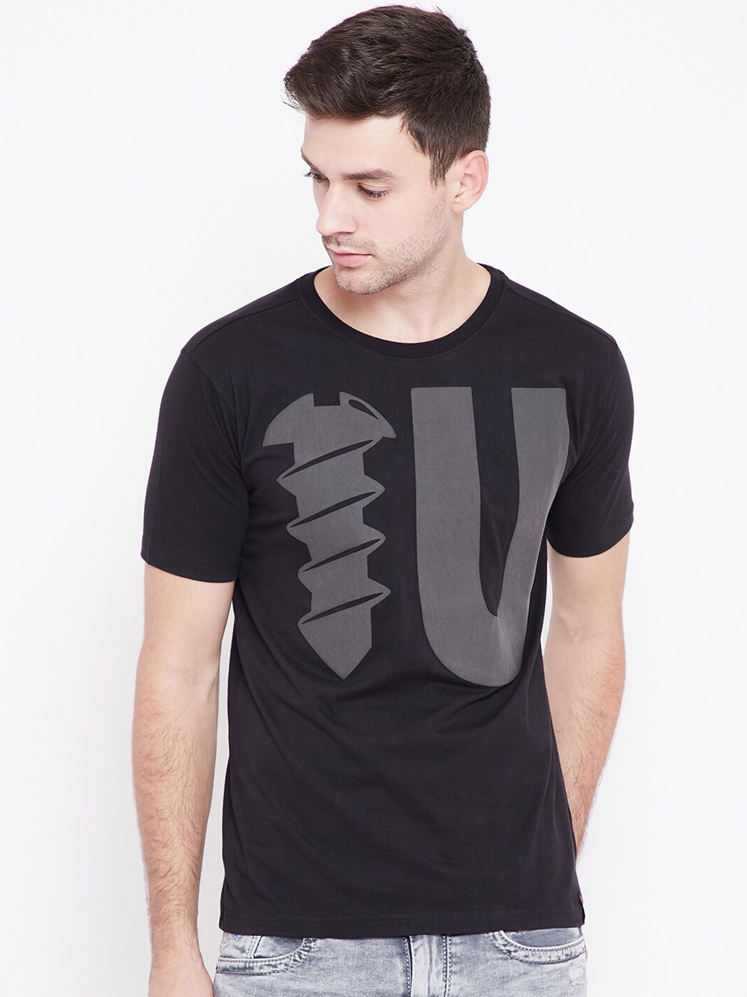 

PUNK Men Black & Grey Printed Round Neck T-shirt