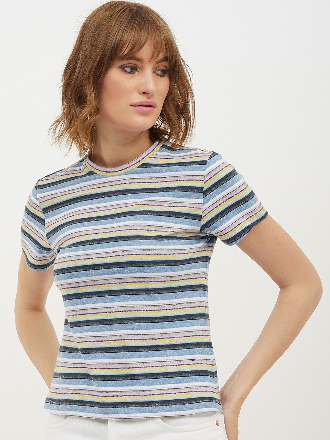 

Harpa Women Blue Beige Striped Round Neck Pure Cotton T-shirt